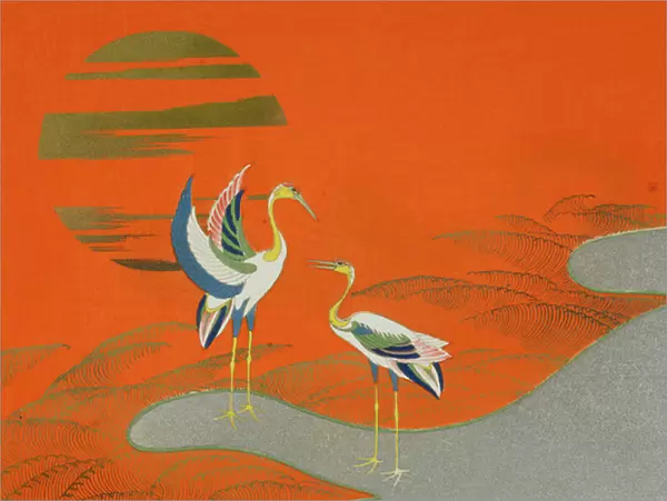 Birds at sunset on the lake, 1903 (colour woodblock print)