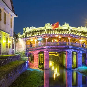 The Japanese Covered Bridge in Hoi An ancient town at night, Hoi An, Quang Nam Province