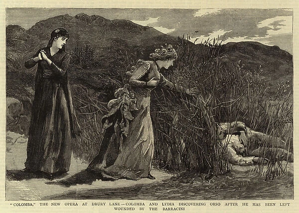 'Colomba, 'the New Opera at Drury Lane, Colomba and Lydia discovering Orso after he has been left Wounded by the Barracini (engraving)