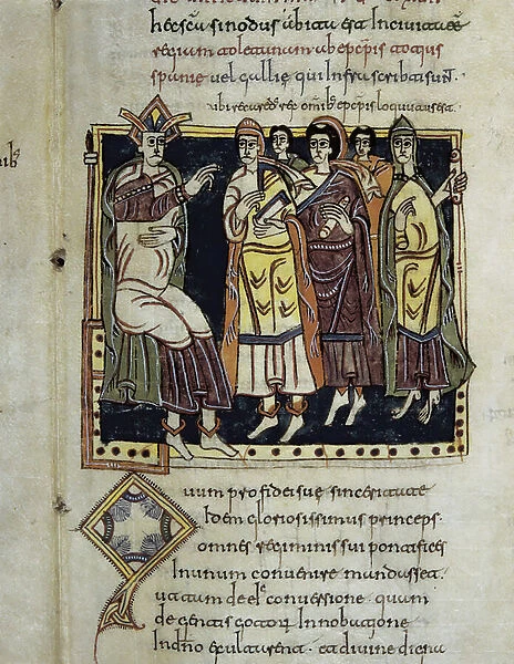 Third Council of Tolede of Hispanic Bishops under Visigoth rule in 589. King Recarede I (Reccared), called 'the Catholic', King of the Visigoths of Spain (? -601), imposes Catholicism on its subjects, in Codex Albeldense, 976 (illuminated miniature)