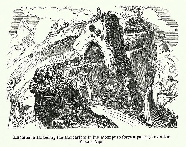 Hannibal attacked by the Barbarians in his attempt to force a passage over the frozen Alps (engraving)