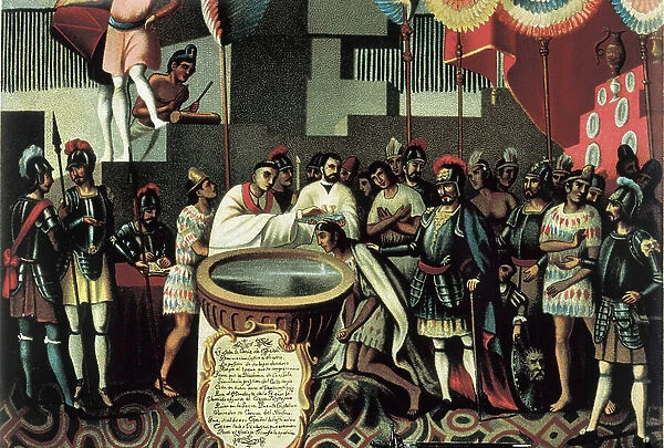 'Le bapteme de l empereur azteque Cuauhtemoc (vers 1497-1525) a Santa Cruz Acatlan par le pretre Bartolome de Olmedo (mort en 1524) en presence du conquistador espagnol Hernand Cortes (Cortez)