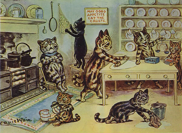 The Little Miss Pussy Cats helping in the kitchen (colour litho)