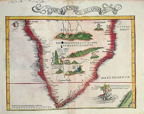 Map of Southern Africa, published in Strasbourg in 1522 (coloured engraving)