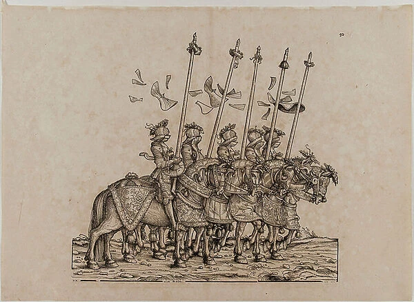 The Triumph of Emperor Maximilian I: Fifty-first board, participants in the Rennen (joust or light race), 1512-19 (woodcut)