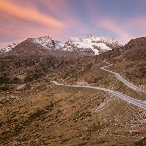 Road bends of Bernina Pass at dawn, Poschiavo Valley, Engadine, Canton of Graubunden