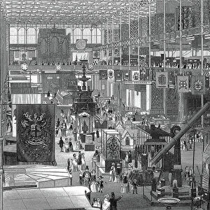 Great Exhibition of 1851 in the Crystal Palace, Hyde Park, London: interior view of the main avenue looking eastwards. The iron framework of the building is clearly visible. Steel engraving 1851