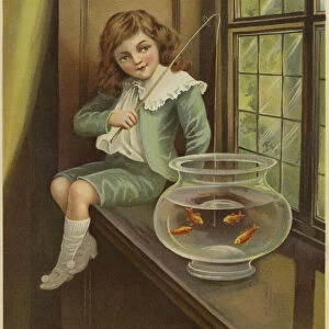 A young boy dangling a fishing rod into a bowl of goldfish (colour litho)