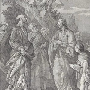 Conversion of Zacchaeus, with Christ at right addressing the tax collector, who is seat