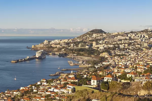 Portugal, Madeira, Funchal, View of Funchal harbour and town