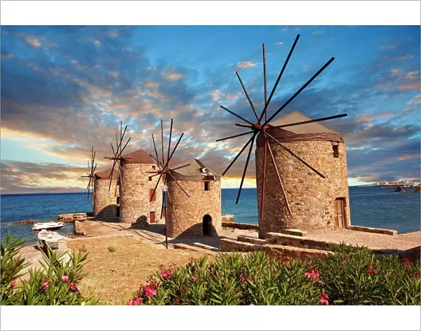atmospheric, chios, evenings, ocean, traditional, wind mill