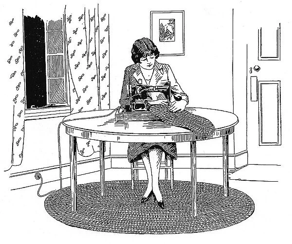 Illustration of a lady using her sewing machine at home Date: 1920s