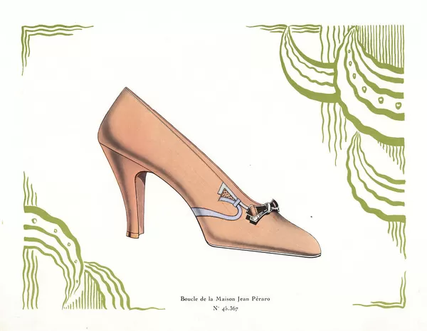 Womans shoe design in salmon pink leather with buckle, 1930