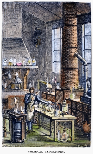 CHEMICAL LABORATORY, 1873. Line engraving, American, 1873