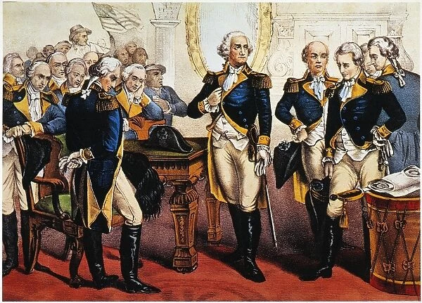 Prints of George Washington bids farewell to his generals at Fraunces Tavern in New York City 4 December 1783. Lithograph 1876 by Currier Ives