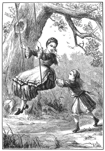 GIRL ON SWING, 1873. Wood engraving, American, 1873