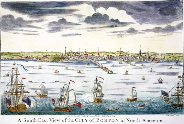 VIEW OF BOSTON, c1731-36. South-East View of Boston. Line engraving, English, c1764, showing the city as it appeared c1731-36