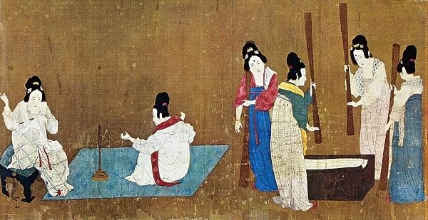 Women drawing out silk threads (left) and beating silk fibers in a trough with flails. Detail from Court Ladies Preparing Newly-woven Silk, a painted silk handscroll attributed to Emperor Hui Tsung, Sung Dynasty, early 12th century, after a work by a T ang Dynasty artist of the 8th century