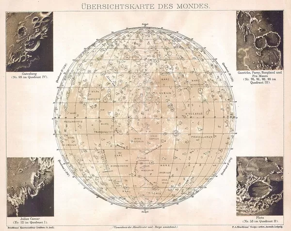 1898 Brockhaus Map Of The Moon Topography Cartography