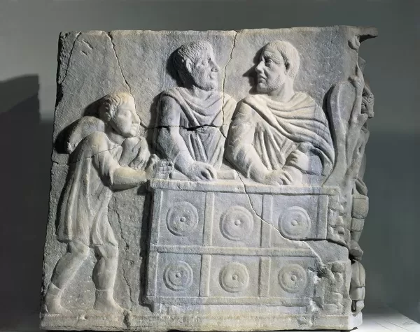 Fragment of sarcophagus depicting moneychanger, from Rome