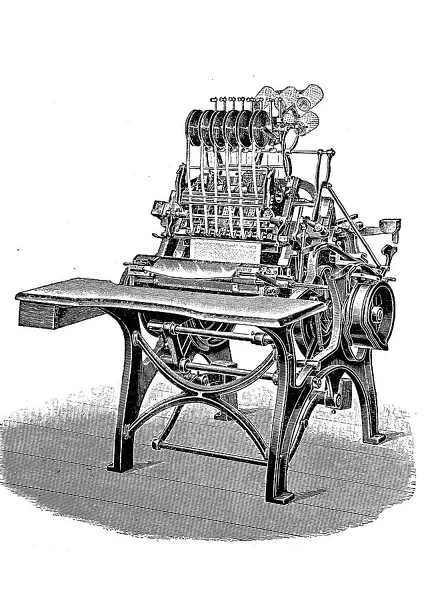 Printers, Patented thread book sewing machine by Maschinenfabrik Gebrueder Brehmer, Leipzig, Germany, digitally restored reproduction of an original from the 19th century