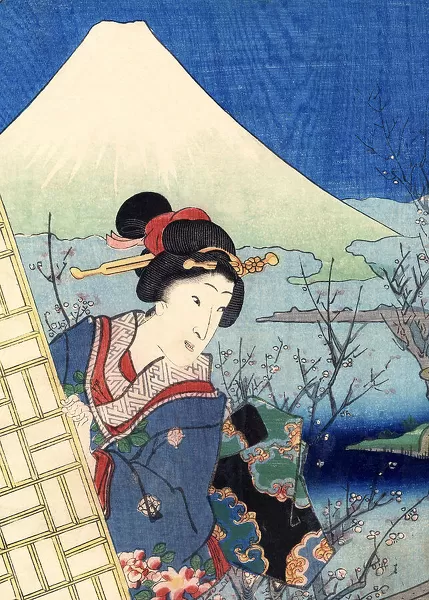 Traditional Woodblock Print Woman and Mount Fuji available as Framed ...