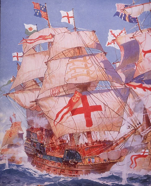 Ark Royal fighting Spanish Armada in 1588 colour litho