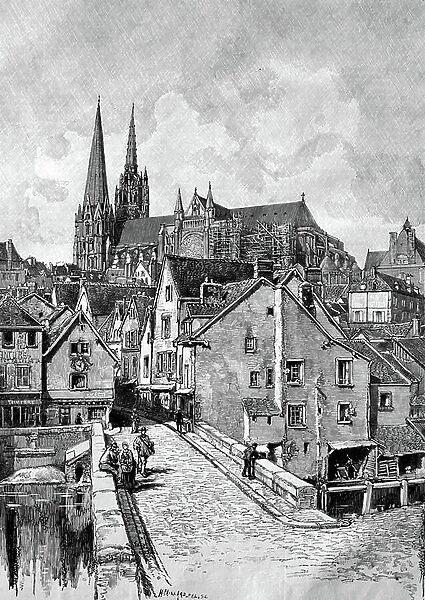 Chartres, France, historical woodcut, circa 1888