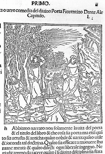 Prints of Dante Alighieri The Divine Comedy. Incunable printed in Venice in 1491. Hell singing I. The dark forest