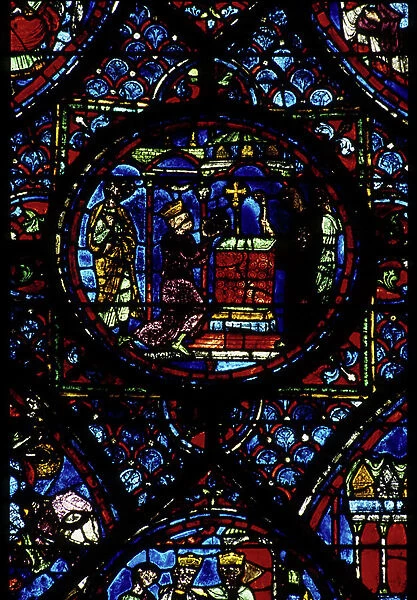 Gothic architecture. Histoire de Charlemagne (detail): Charlemagne (742-814) offers its relics in Aachen. Stained glass of the northern ambulatory, absidial. Cathedrale de Chartres