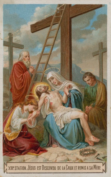 Jesus is taken down from the cross and restored to his mother. The thirteenth Station of the Cross (chromolitho)