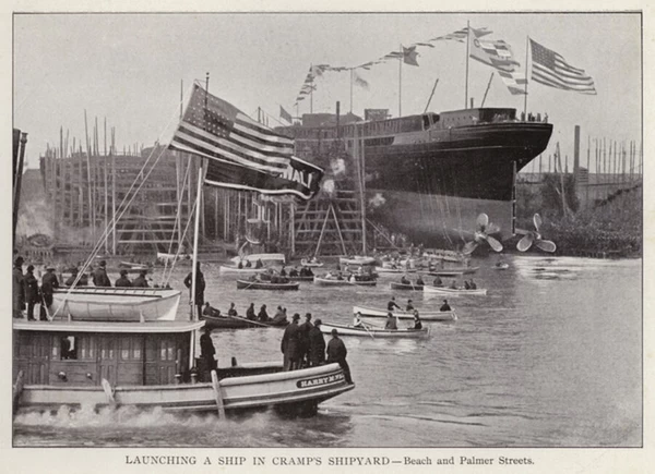 Philadelphia: Launching a Ship in Cramps Shipyard, Beach and Palmer Streets (b  /  w photo)