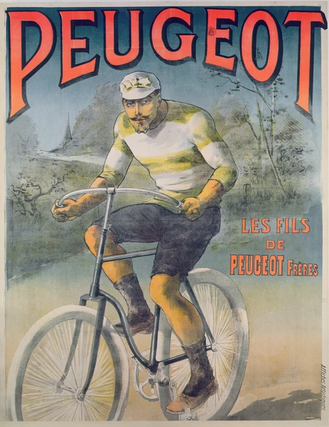 Poster advertising the cycles Peugeot (colour engraving)