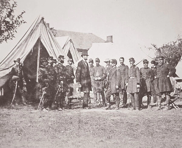 President Lincoln meets his generals at Antietam, 3rd October 1862 (b  /  w photo)