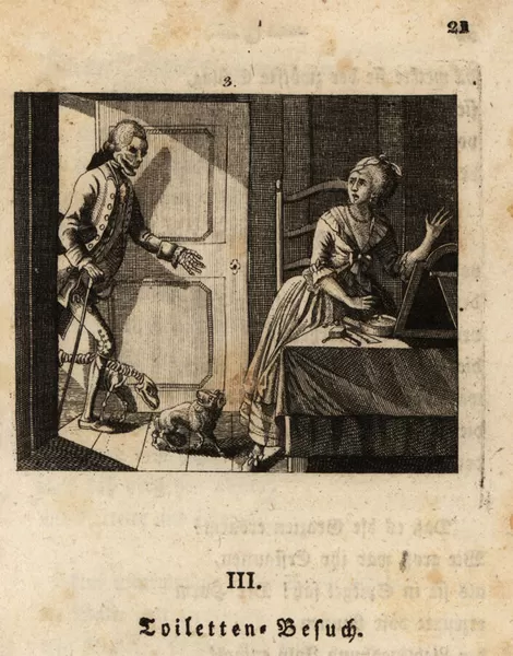 The skeleton of Death visits a woman in her boudoir