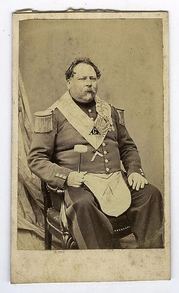 Vernon, Eure (27), Haute Normandy, France, Studio portrait of the franc macon in uniform with its apron, belt and hammer, elected at the lodge of Vernon, 1865, Fonteraz
