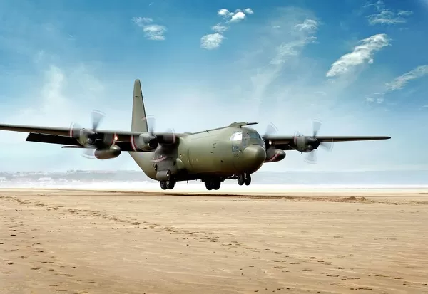 C-130 Mk3 Hercules Transport Aircraft landing at Saunton Sands air strip