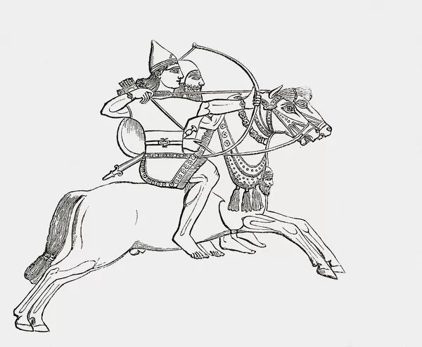 Historic illustration of Assyrian archers on horseback