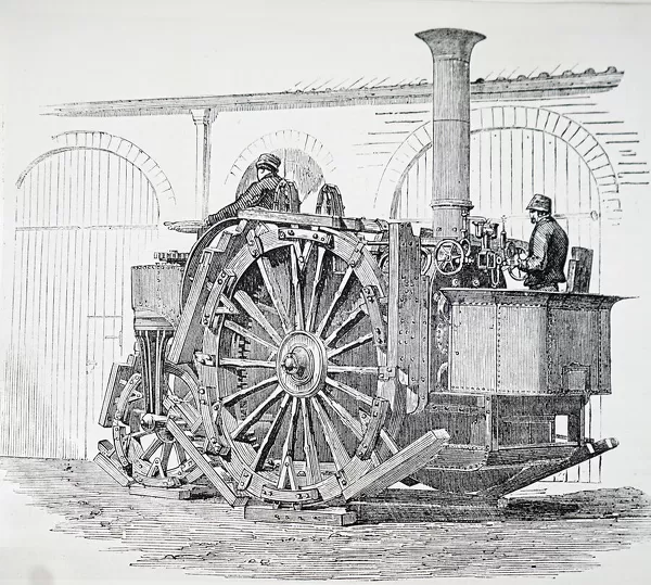 Illustration depicting steam engines and threshing machines