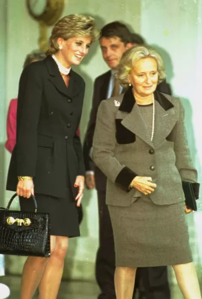 Princess Diana walking beside Madame Bernadette Chirac at the Elysee Palace in in Paris