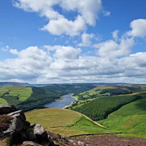 Derwent Edge, Ladybower Reservoir, and purple heather moorland in foreground