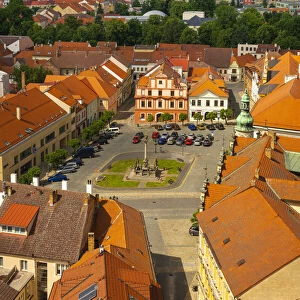Aerial view of houses around Alsovo namesti, Pisek, South Bohemian Region, Czech Republic