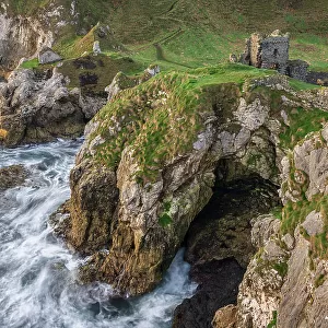 The ruins of Kinbane Castle on a clifftop promontory near Ballycastle on the Causeway Coast, County Antrim, Northern Ireland, UK. Autumn (November) 2022