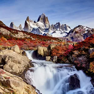 Waterfall on Arroyo del Salto and Mount Fitz Roy, Los Glaciares National Park, Santa