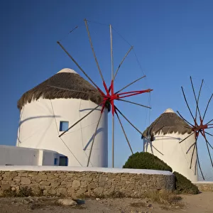 Greece, Mykonos, Windmills Along the Water