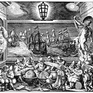 DUTCH COMMERCE, 1612. The Light of Navigation. Engraved frontispiece, 1612, to a book of sea charts by the Dutch geographer Willem Janszoon Blaeu