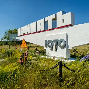 1970s sign for entrance to Pripyat in the Chernobyl Exclusion Zone, Ukraine