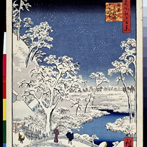 "Cent vues celebres d'Edo" : "le mont Yuhi Hill et le pont de Meguro". Paysage avec flocons de neige. (Yuhi Hill and the Drum Bridge at Meguro (One Hundred Famous Views of Edo)