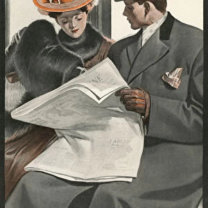 Couple on a Train Reading a Newspaper, 1906 (screen print)