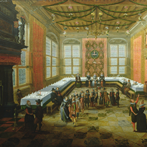 Elegant Figures Congregating in a Banqueting Hall (oil on panel)